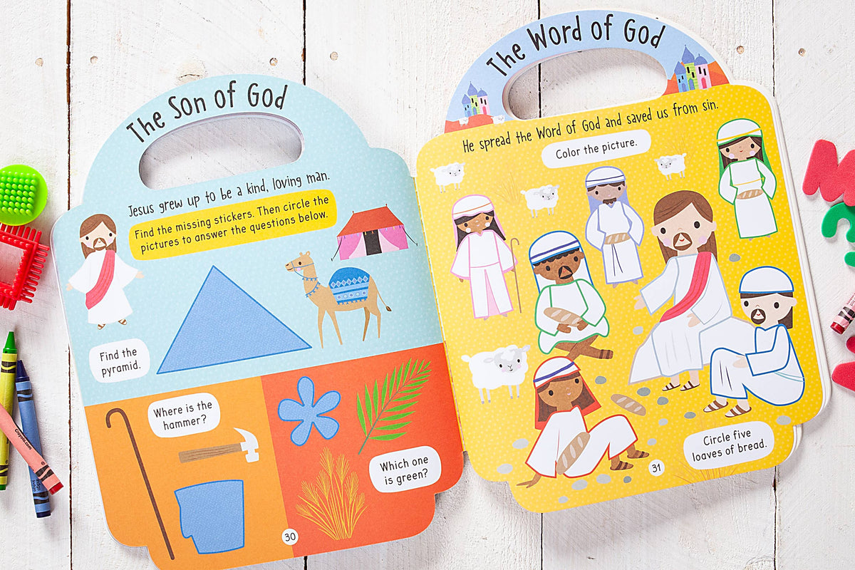 The Story of Christmas Activity Book by BroadStreet Publishing Group, LLC features vibrant pages with biblical themes—one page depicts a pyramid, tools, and asks a question about colors, while another illustrates people listening to a man teaching. Various small toys are arranged around the book.