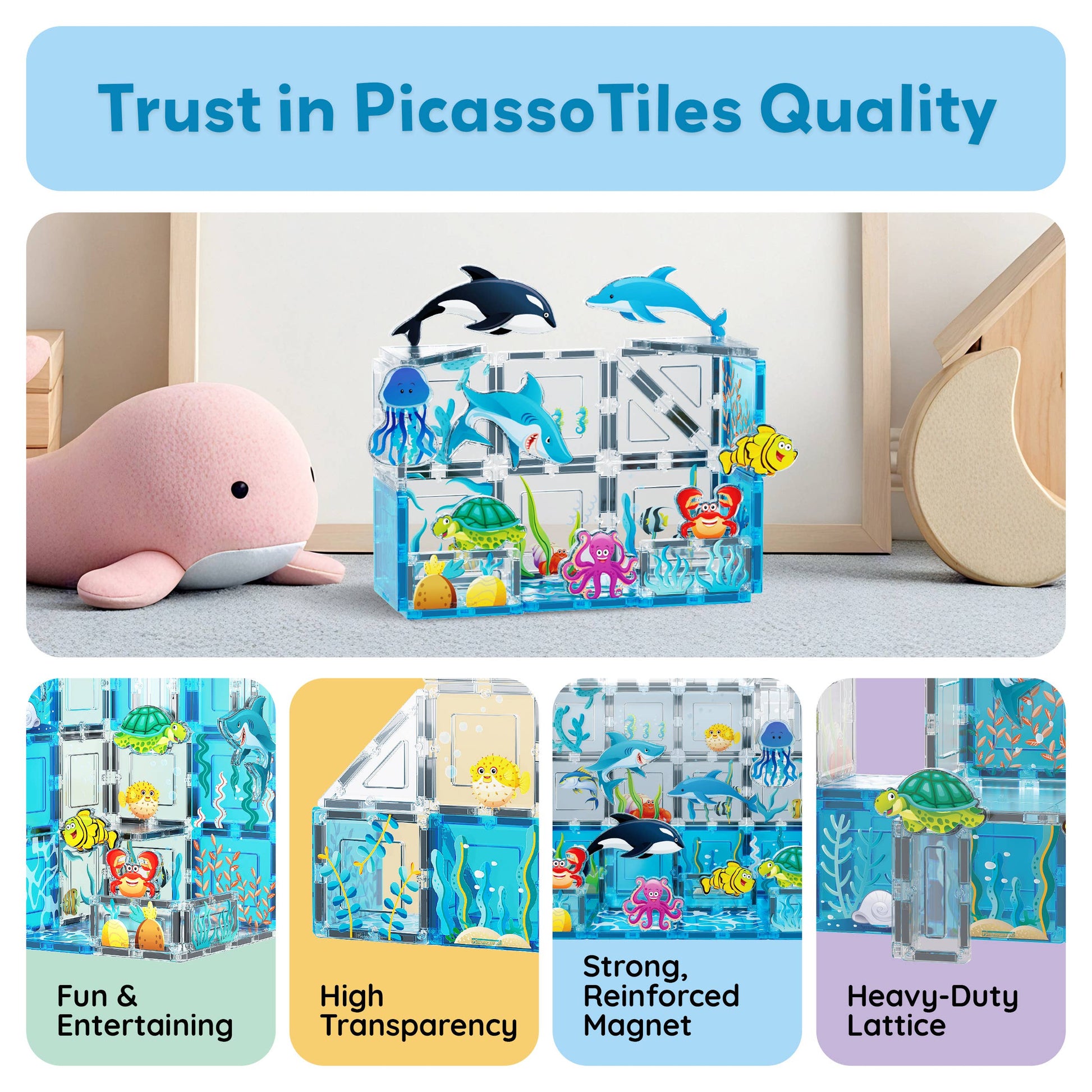 PicassoTiles 26 Piece Marine World Magnetic Building Set by PicassoTiles shown in a cozy playroom, featuring ocean animal designs. Highlights: fun & entertaining, high transparency, strong magnets, and heavy-duty lattice.