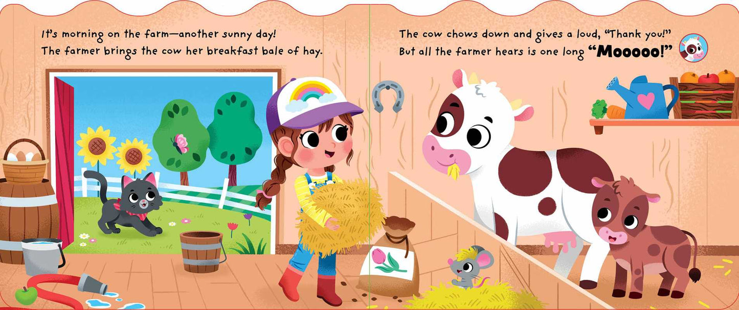 On a sunny morning, a girl in a rainbow cap brings hay to a cow and calf in the barn, while a happy dog, flowers, and farm tools surround the cozy scene from Simon & Schuster’s "Moo, Oink, Baa!" book.