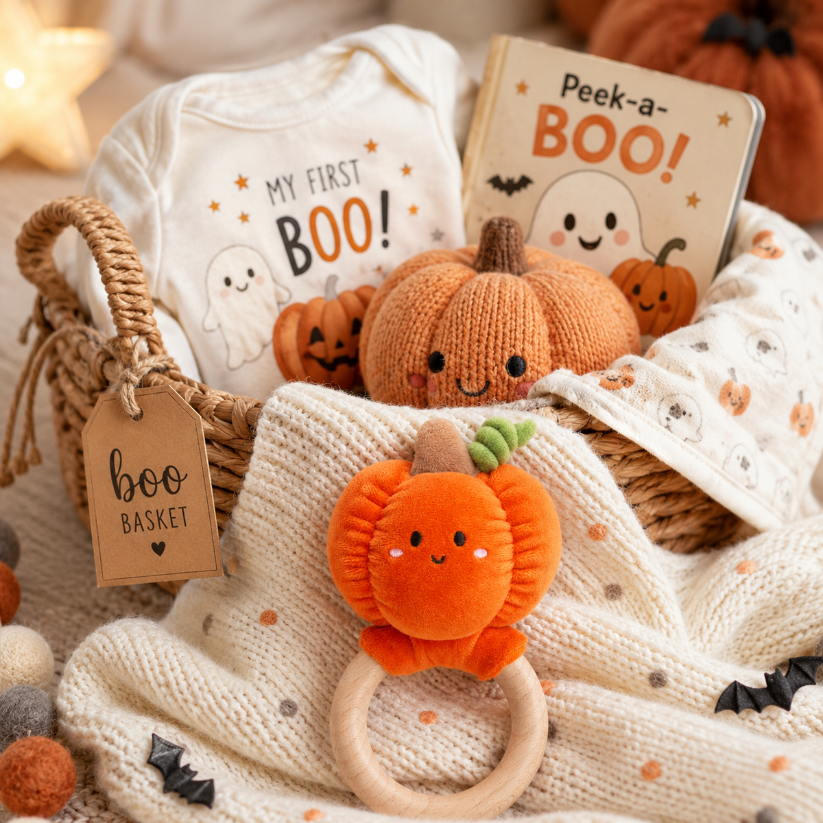 A woven basket contains a My first BOO! baby bodysuit, a Peek-a-BOO! board book, a knitted plush pumpkin, and a Pearhead Pumpkin Baby Wooden Teether Toy, Halloween and Fall with a wooden ring, making it the perfect baby fall gift.