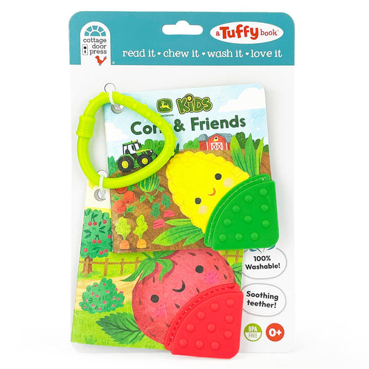The John Deere Corn & Friends / Berry Nice! Tuffy Book (Teether) by Cottage Door Press is an indestructible baby book featuring a corn and strawberry design, a green teether ring, and red and green silicone corners. This washable and soothing book is perfect for ages 0+.