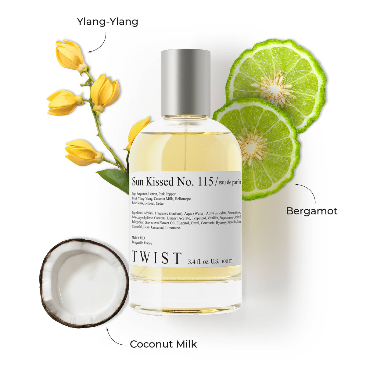 A bottle of Sun Kissed No. 115 Perfume by House of Twist is displayed among ylang-ylang flowers, bergamot slices, and a halved coconut, showcasing its signature scent notes of ylang-ylang, bergamot, and coconut milk—making it the perfect long-lasting summer fragrance for women.