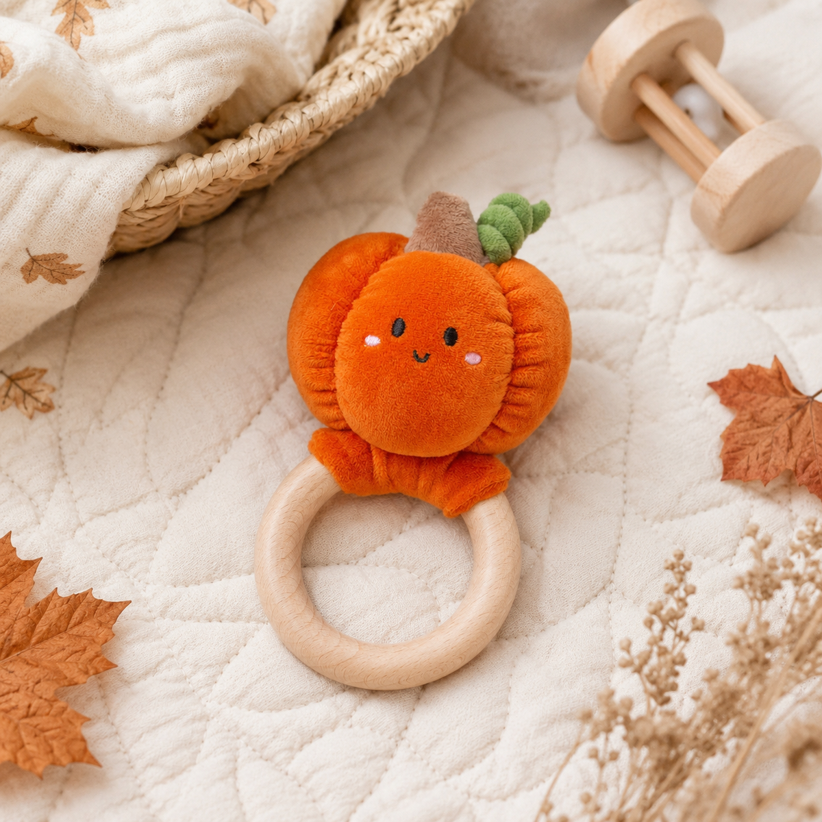 Pearhead Pumpkin Baby Wooden Teether Toy featuring a plush pumpkin attached to a round wooden teether.