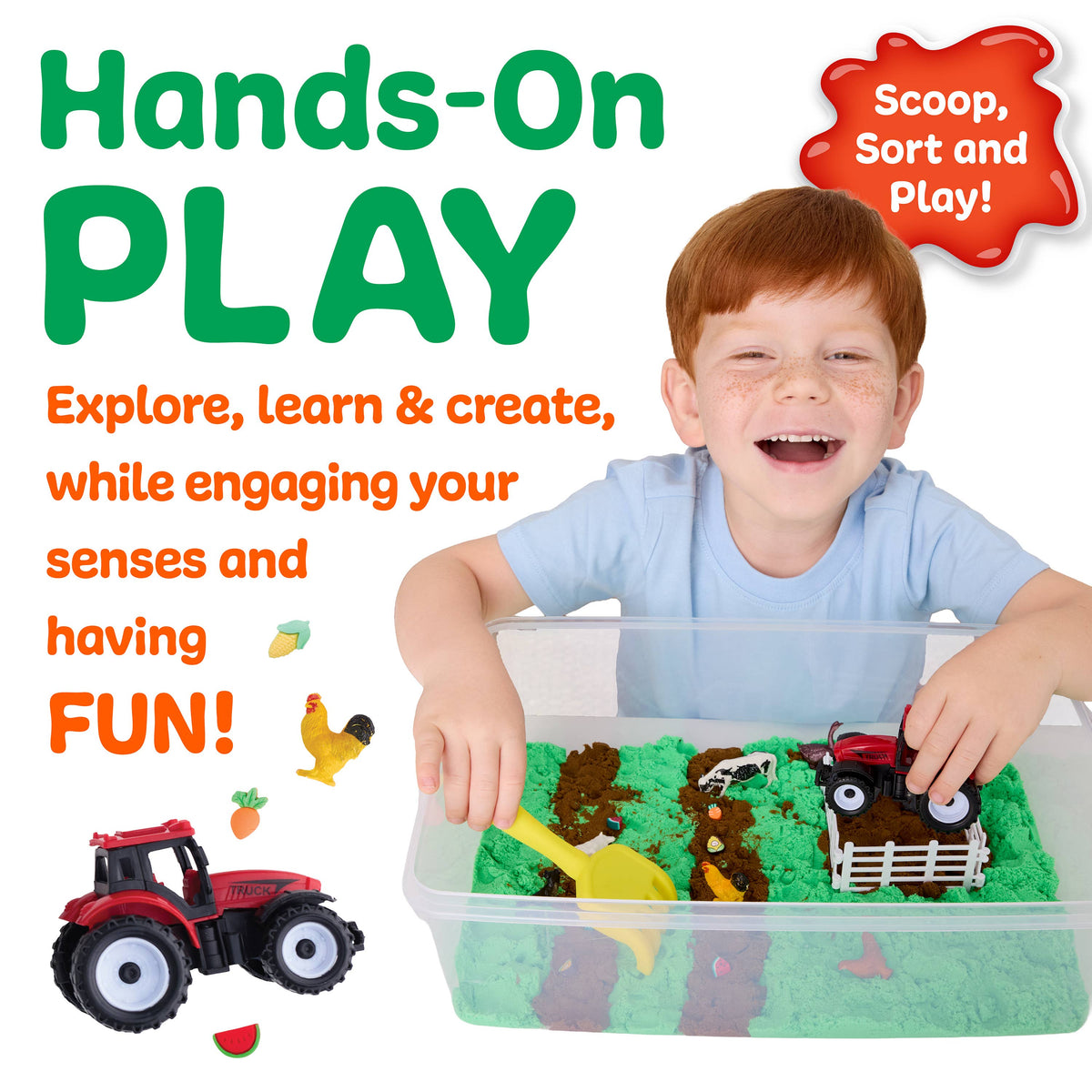 A smiling child engages with the Faber-Castell / Creativity for Kids Sensory Bin Farm Activity Kit, playing with a toy tractor, animals, and a yellow scoop in green sensory sand. Text reads: Hands-On PLAY. Scoop, Sort and Play! Explore, learn & create while having FUN—perfect for building fine-motor skills!.