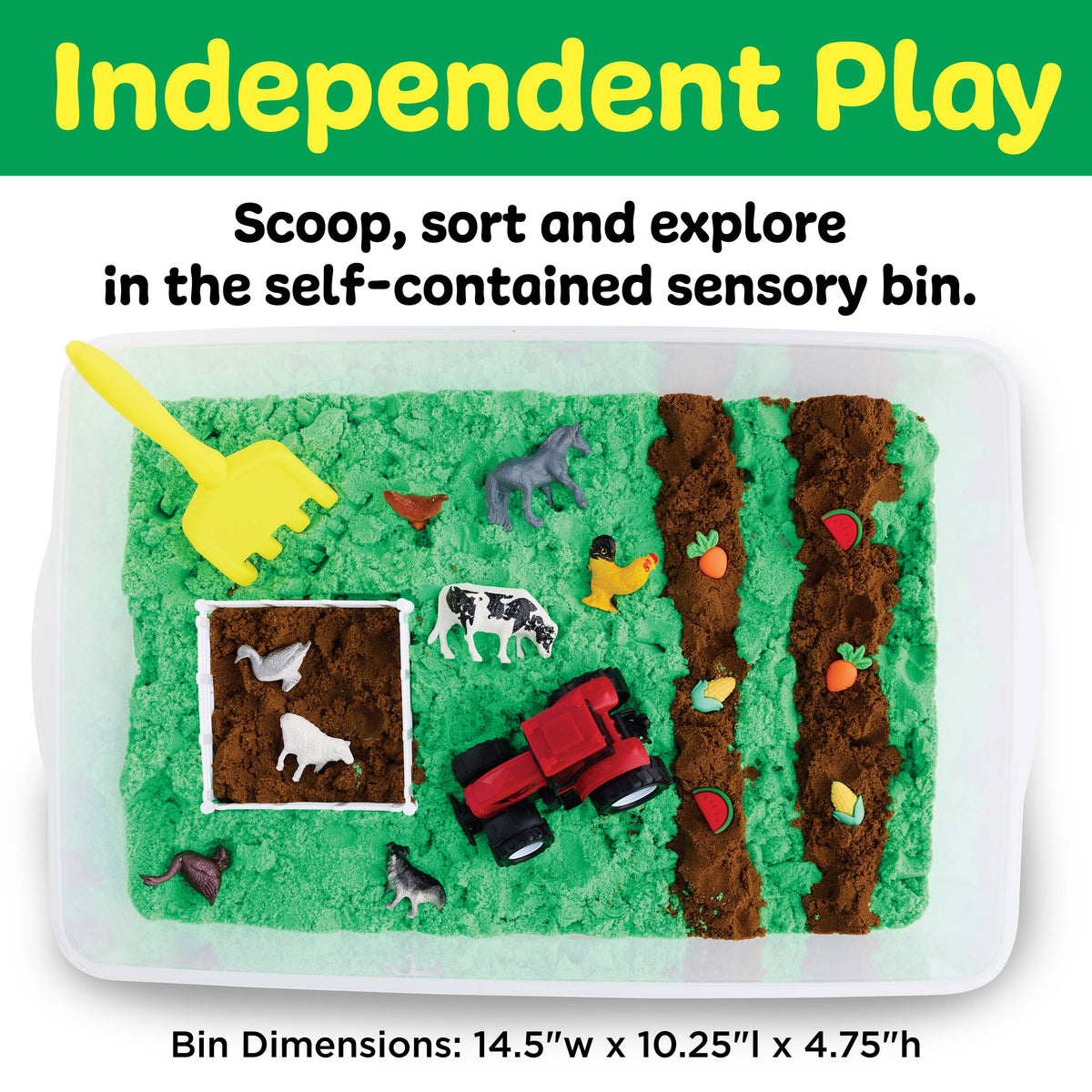 The Sensory Bin Farm Activity Kit for Kids by Faber-Castell / Creativity for Kids includes green and brown play material, farm animal figurines, a red tractor, shovel, and small accessories to encourage hands-on exploration. Designed to help build fine-motor skills through independent play, the kit also provides bin dimensions for easy reference.