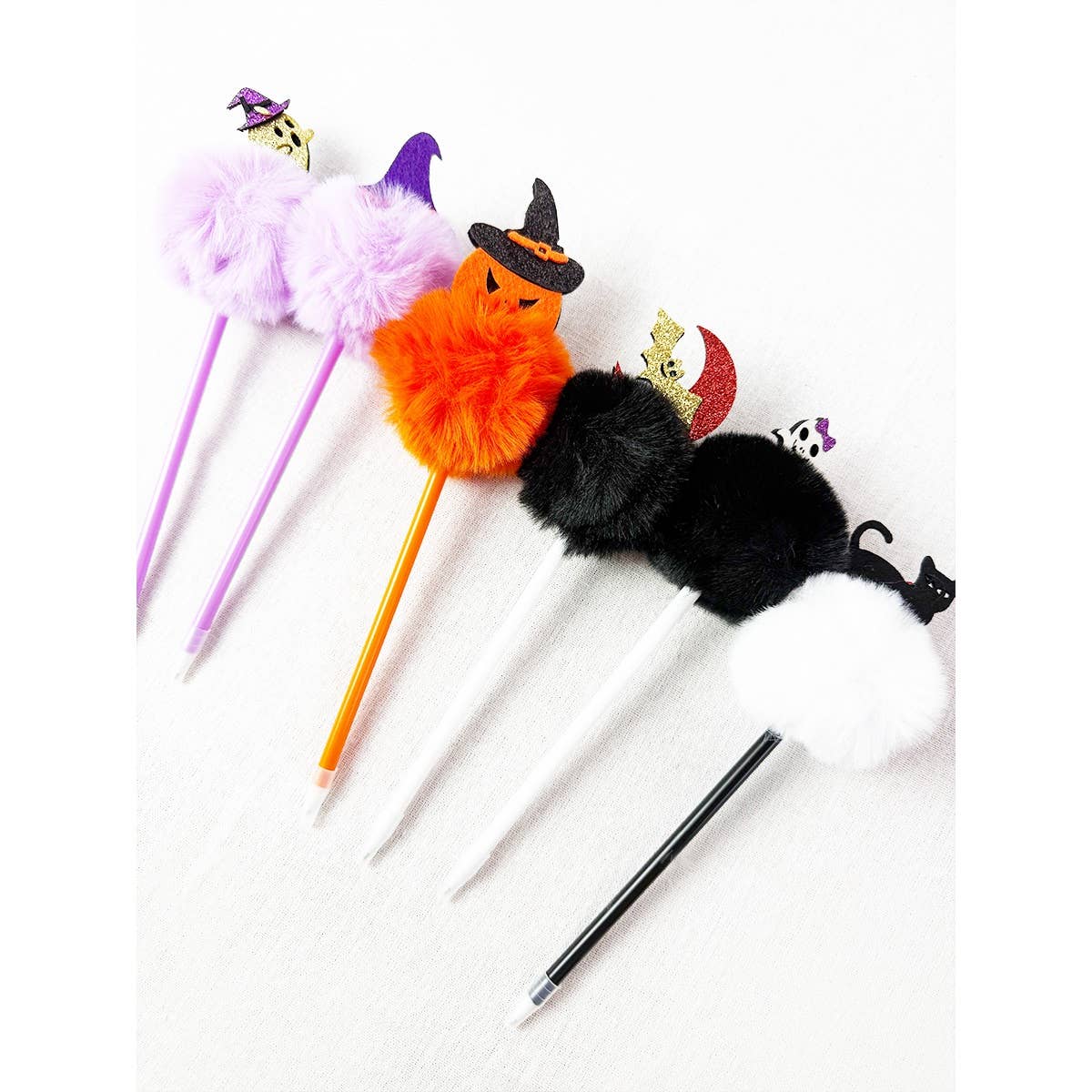 Five Love and Repeat Halloween Theme PomPom pens topped with fuzzy pom-poms featuring a ghost, jack-o-lantern, crescent moon, skull, and black cat.
