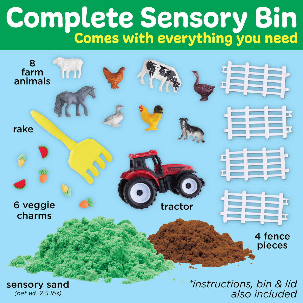 The Faber-Castell Creativity for Kids Sensory Bin Farm Activity Kit includes green sand, brown soil, 8 farm animals, a red tractor, 6 veggie charms, a yellow rake, and 4 white fence pieces—all presented on a blue background. Perfect for encouraging hands-on play and developing fine motor skills, the kit’s packaging clearly lists all included items.