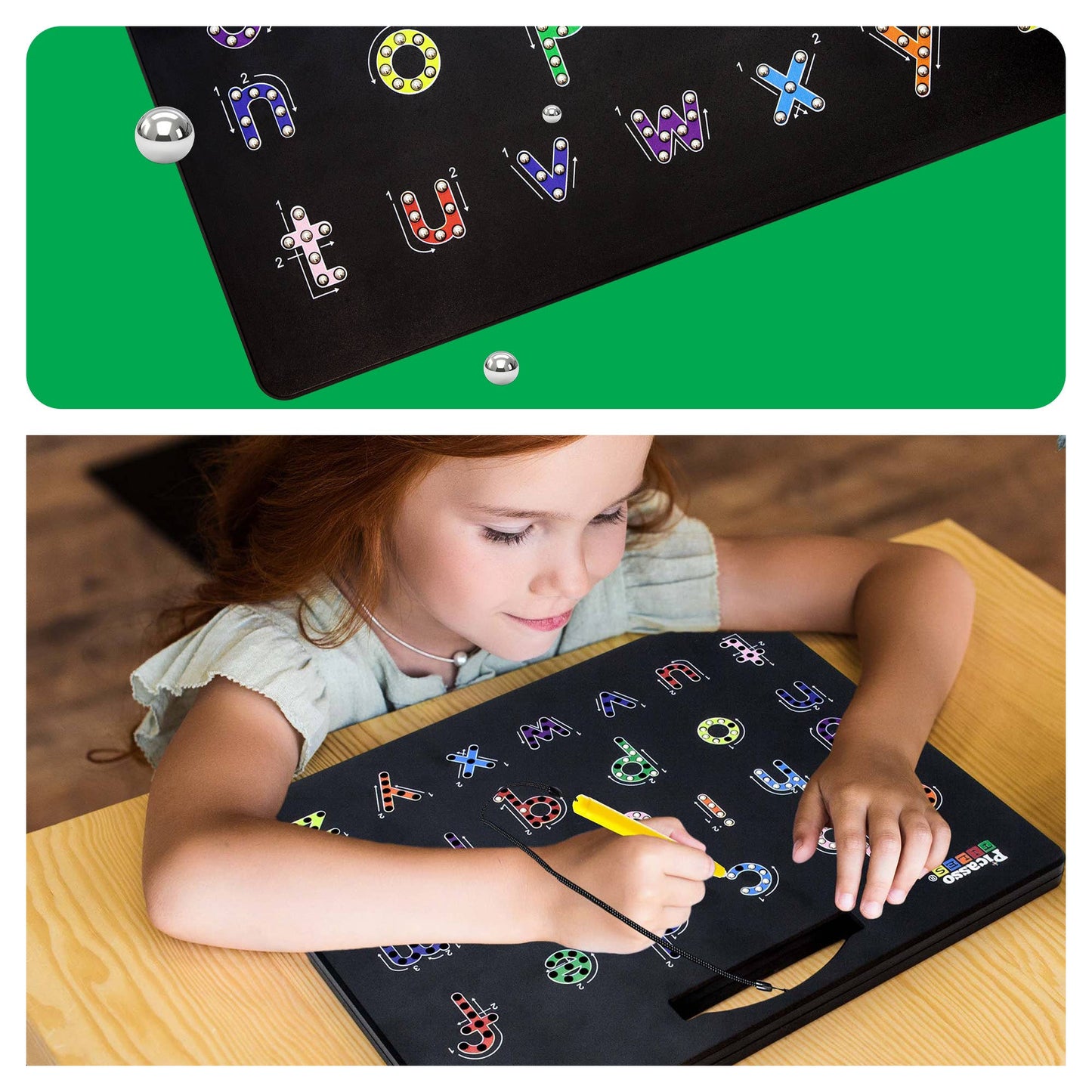 A young girl uses the PicassoTiles Double-Sided Magnetic Drawing Tablet Pad to trace colorful lowercase letters with a magnetic stylus, practicing writing at a wooden table.