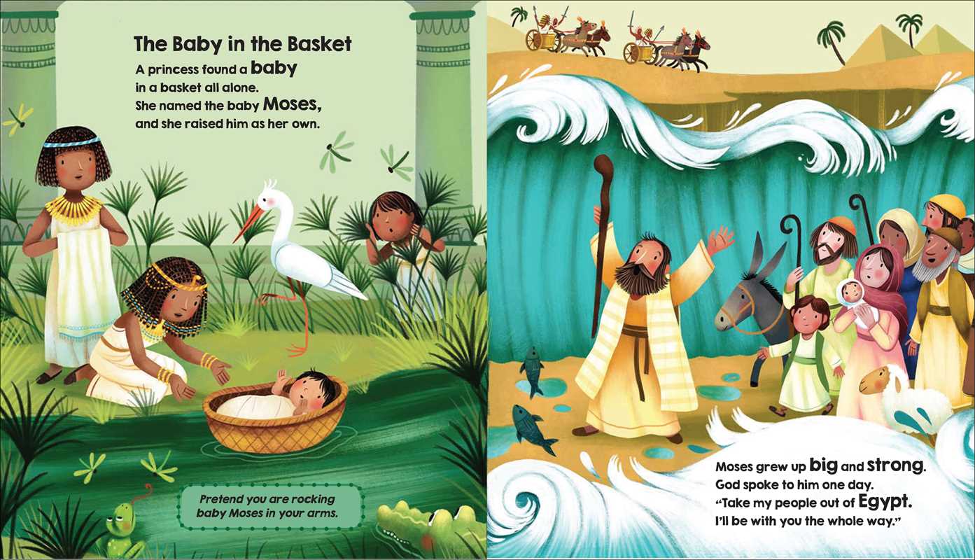 The Bible Stories for Little Hands Book by Simon & Schuster features illustrations of baby Moses found in a basket among reeds, and Moses leading people through parted waters.