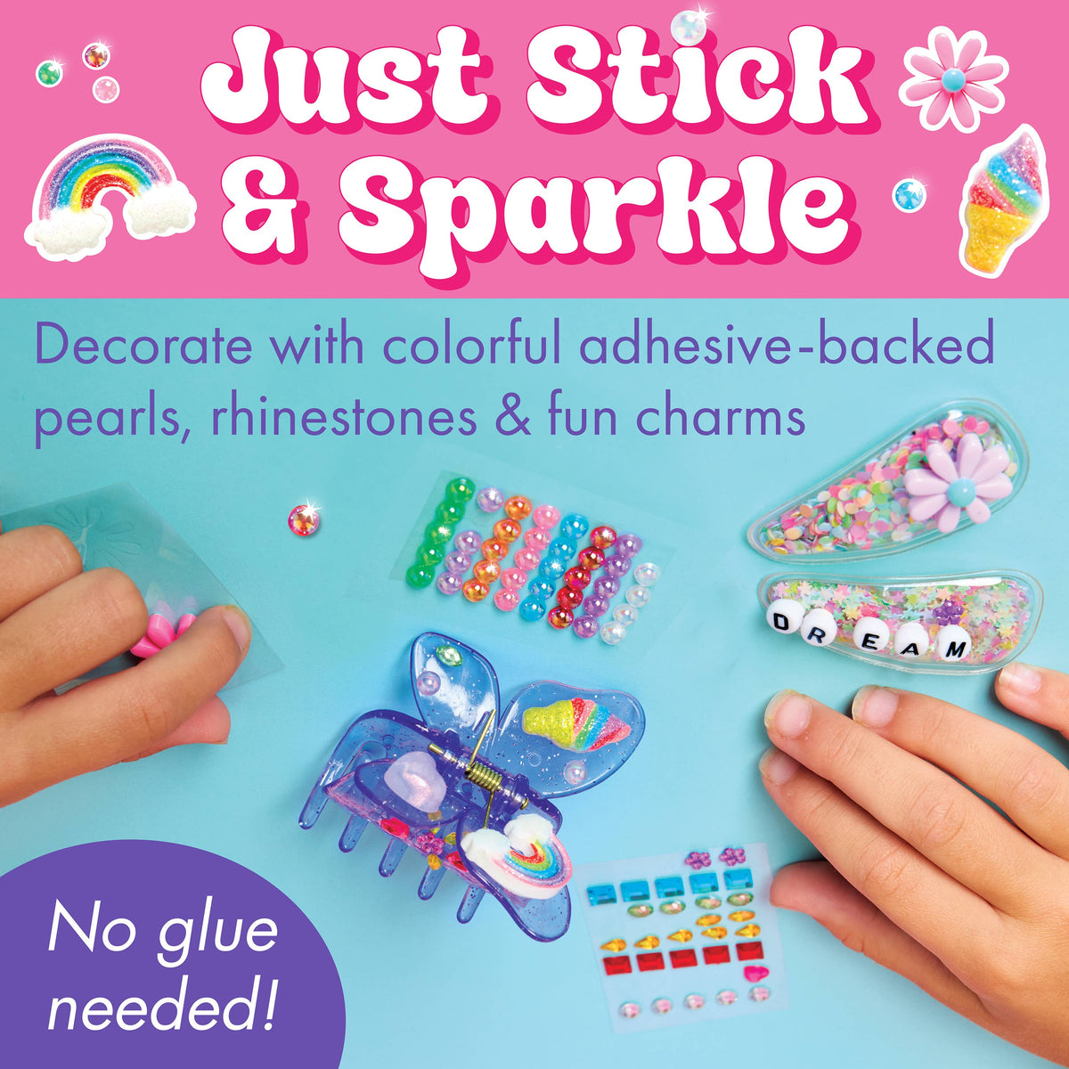 Hands decorate a blue butterfly-shaped clip from the Chic Boutique DIY Hair Clip Kit for Kids by Faber-Castell / Creativity for Kids, using colorful adhesive-backed pearls, rhinestones, and charms. Packs of sparkling decorations and beautifully customized butterfly claw clips are displayed on a pink background—perfect for girls ages 6-8. Text: Just Stick & Sparkle! No glue needed.