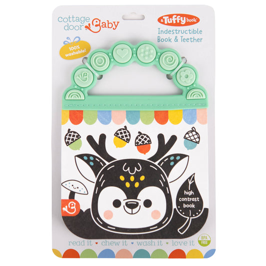 Introducing the Look, Look, Baby! Outdoor Galore - Tuffy High-Contrast Book from Cottage Door Press—a durable baby teether book with a mint green handle and a charming deer illustration on the cover. The packaging reads “Indestructible Book & Teether” and showcases its bold, high-contrast design that’s ideal for sensory development. Specially crafted to withstand enthusiastic little hands, this innovative baby book from Cottage Door Press keeps your child engaged while supporting sensory exploration.