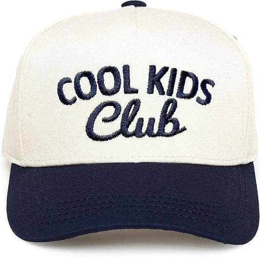 Off-white Funky Junque Cool Kids Club hat with a dark blue brim and the embroidered text COOL KIDS Club on the front.