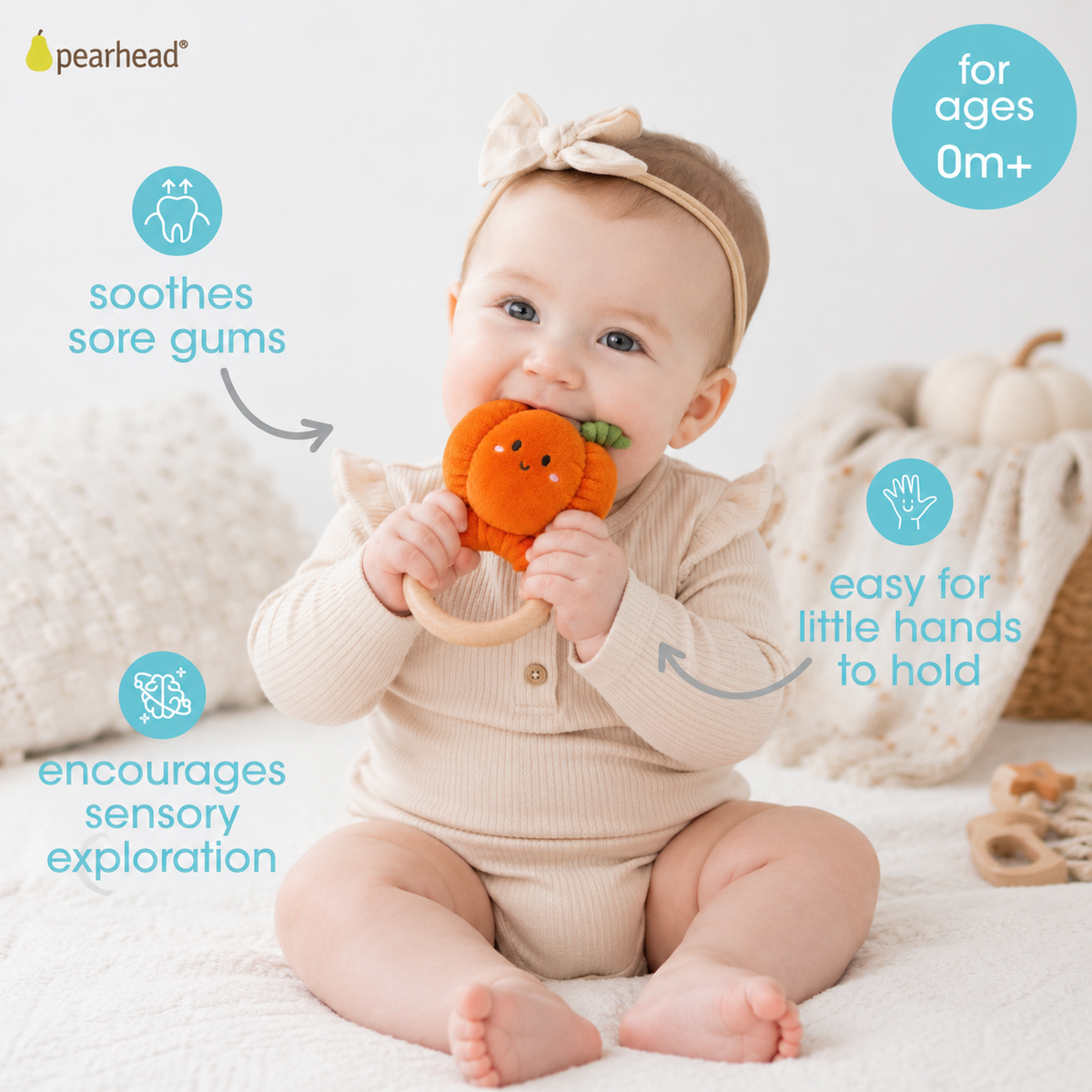 A baby sits on a bed chewing on a Pumpkin Baby Wooden Teether Toy, surrounded by text bubbles highlighting benefits like soothing sore gums, sensory exploration, and ease of use for little hands.