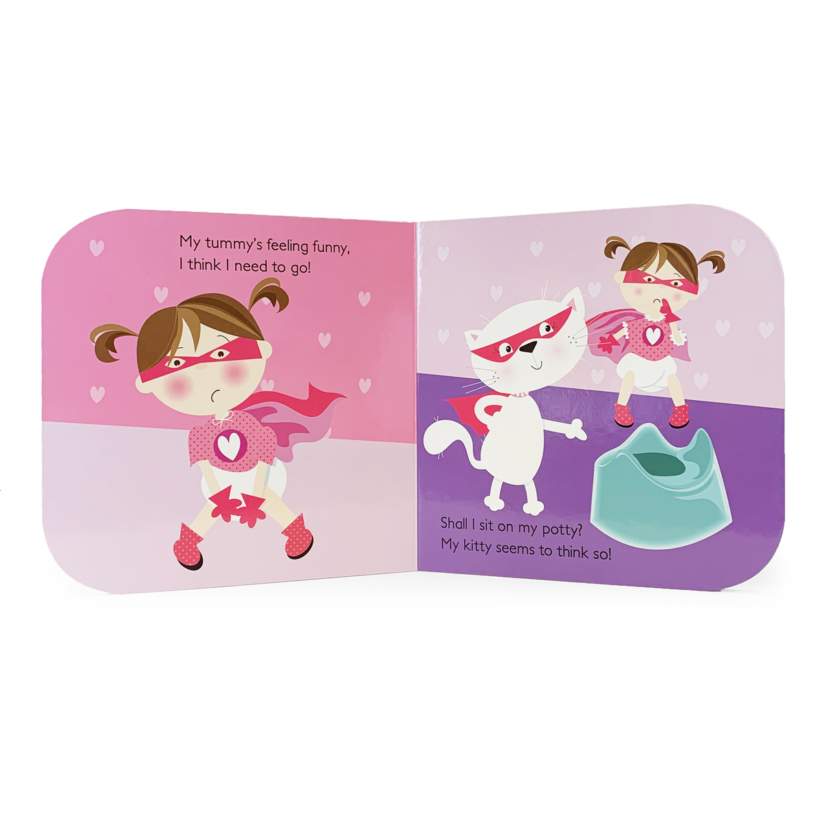 The children’s book “Potty Superhero Girl” by Cottage Door Press features a girl dressed as a superhero alongside her white cat. On one page, the concerned girl is shown on the left and happy near a potty on the right, set against a backdrop of hearts. This delightful potty training book uses fun superhero themes and encouraging text about needing to go potty to make toilet training an enjoyable experience for girls.
