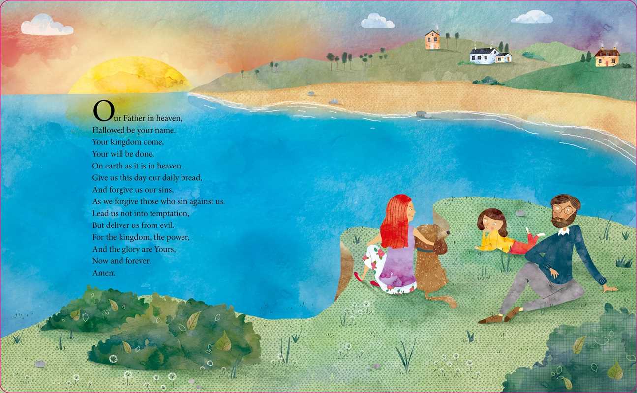 A family of four sits on a grassy hill by a blue lake at sunset, with houses in the background. "The Lord’s Prayer" appears on the left side of this colorful, peaceful scene from Simon & Schuster's My First Prayer Book.