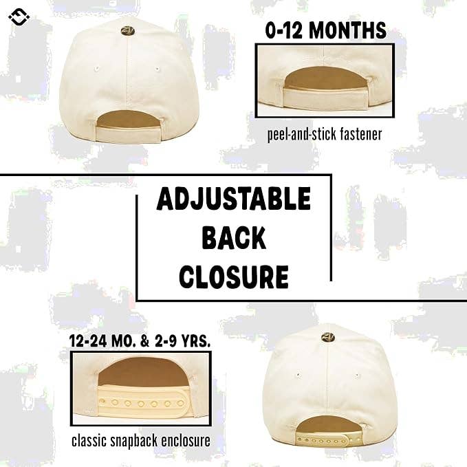 Infographic comparing Mallard Duck Vintage Hat closures, showing a 0-12 months peel-and-stick fastener and a 12-24 months and 2-9 years classic snapback closure.