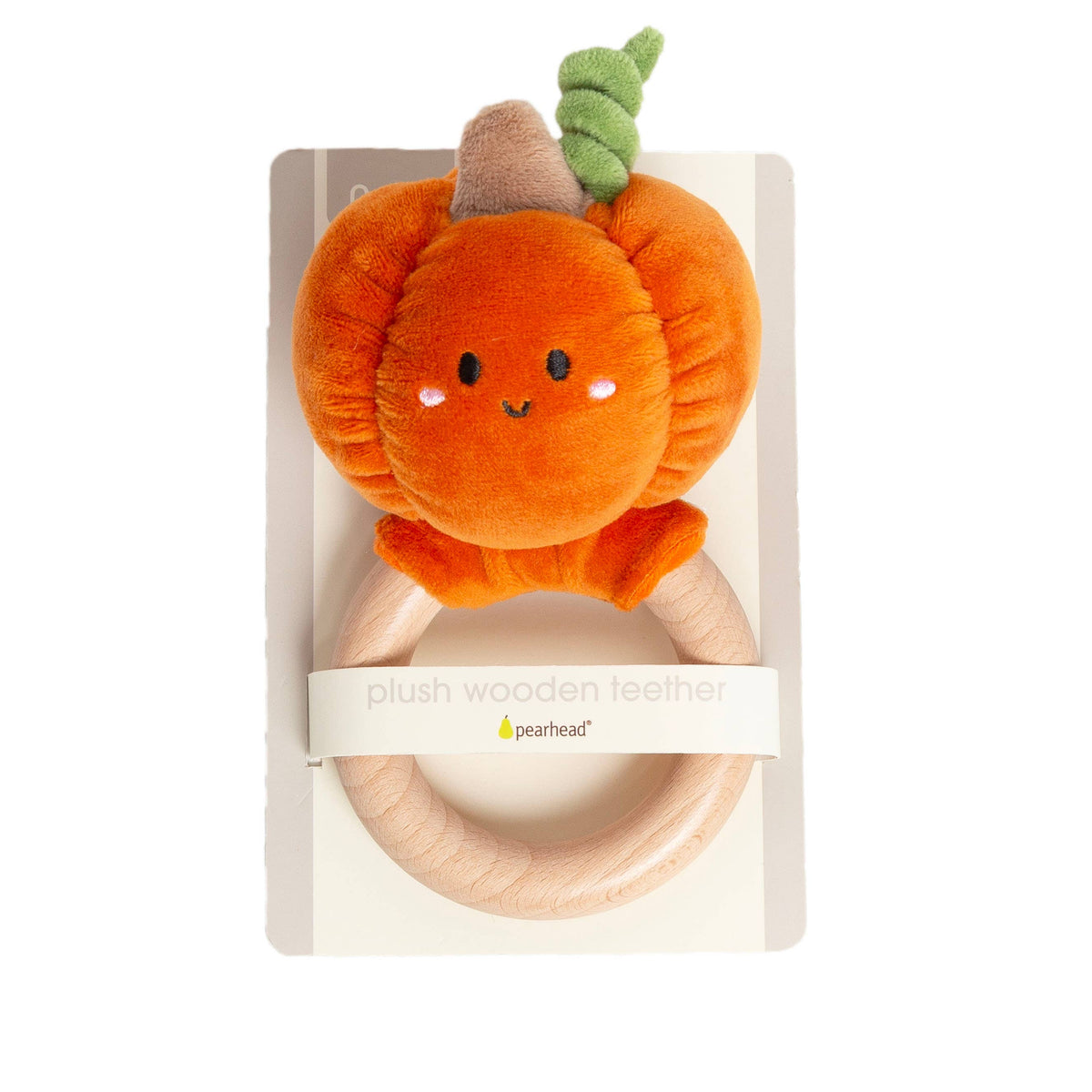 Pearhead Pumpkin Baby Wooden Teether Toy featuring a plush orange pumpkin attached to a smooth wooden teether.