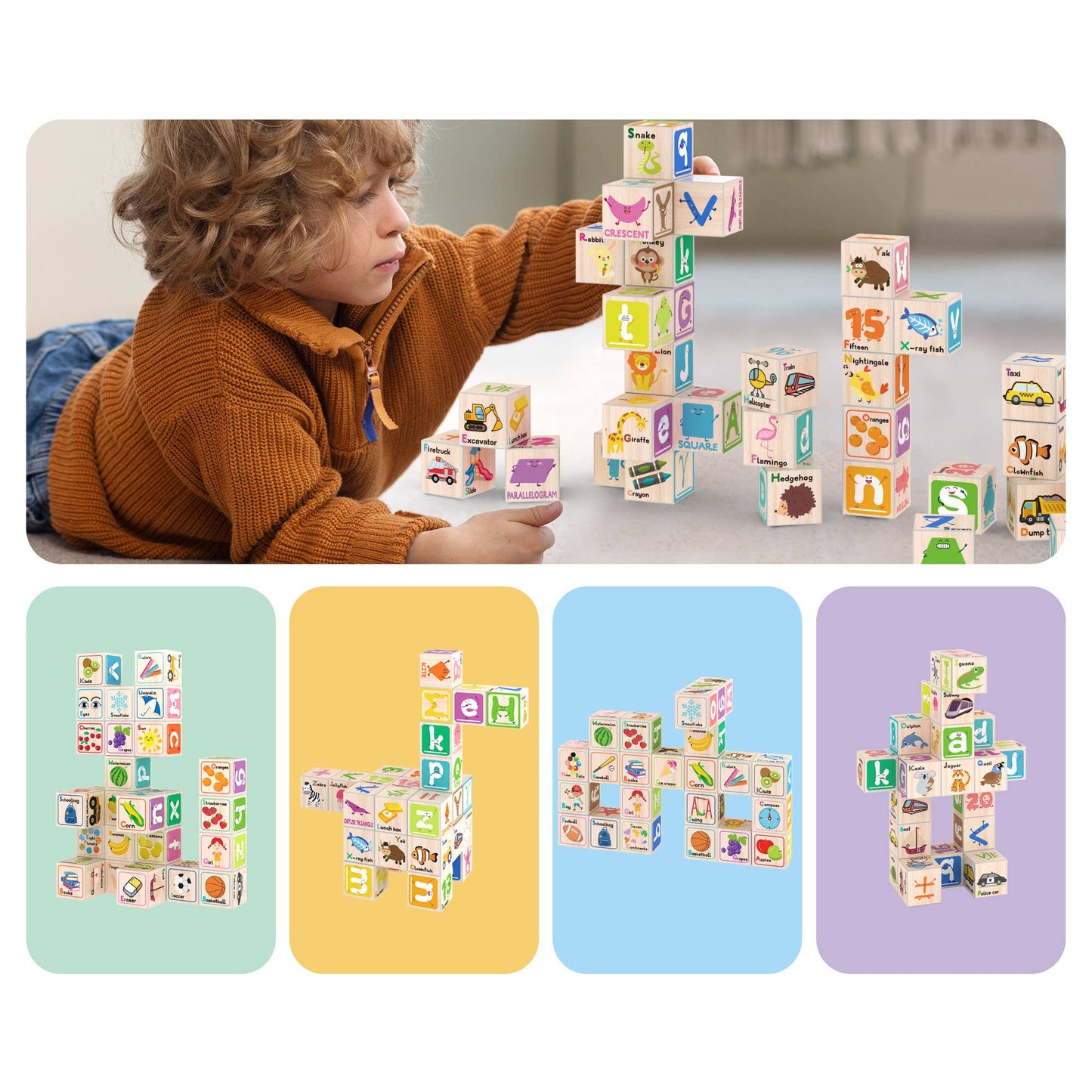 A young child wearing an orange sweater plays on the floor, stacking PicassoTiles 36pc 1" Magnetic Cubes. Four different block arrangements from PicassoTiles are shown on pastel backgrounds.