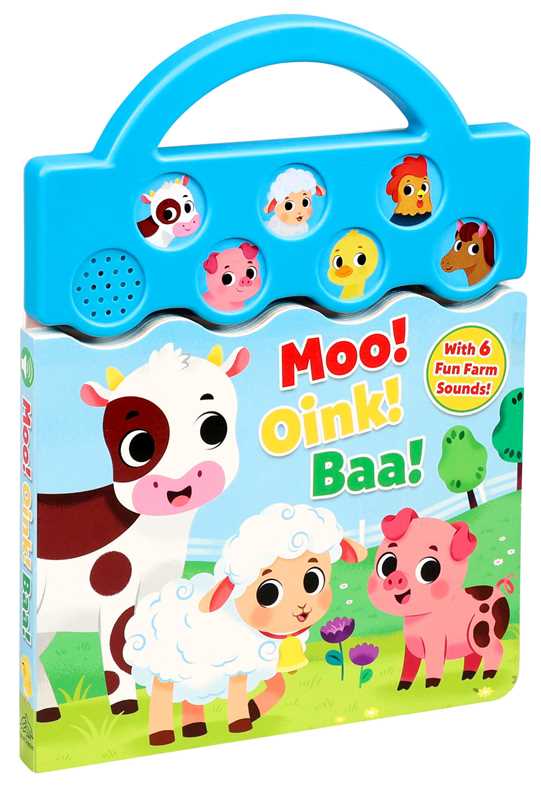 The Moo, Oink, Baa! Book by Simon & Schuster features cartoon cow, sheep, and pig illustrations on the cover, six animal sound buttons, and a blue handle for easy carrying.