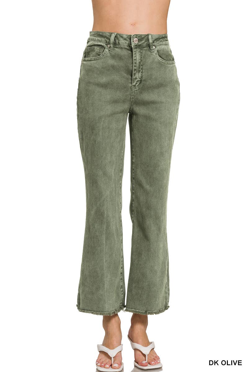 A person is seen wearing the 42POPS Olive Bootcut Pants, featuring a high-waisted fit and button-zipper closure, styled with white heeled sandals against a plain background.