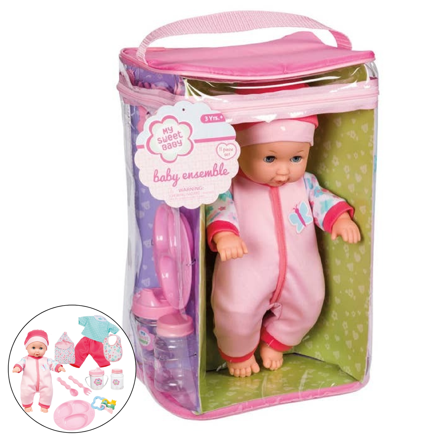 The Toysmith My Sweet Baby Deluxe Baby Ensemble 12-Piece Doll Playset features a baby doll dressed in a pink and blue outfit with a matching hat, packaged in a clear carrying case. This charming playset includes accessories such as a bottle, feeding set, and extra clothes—highlighted in the small circle at the bottom left.