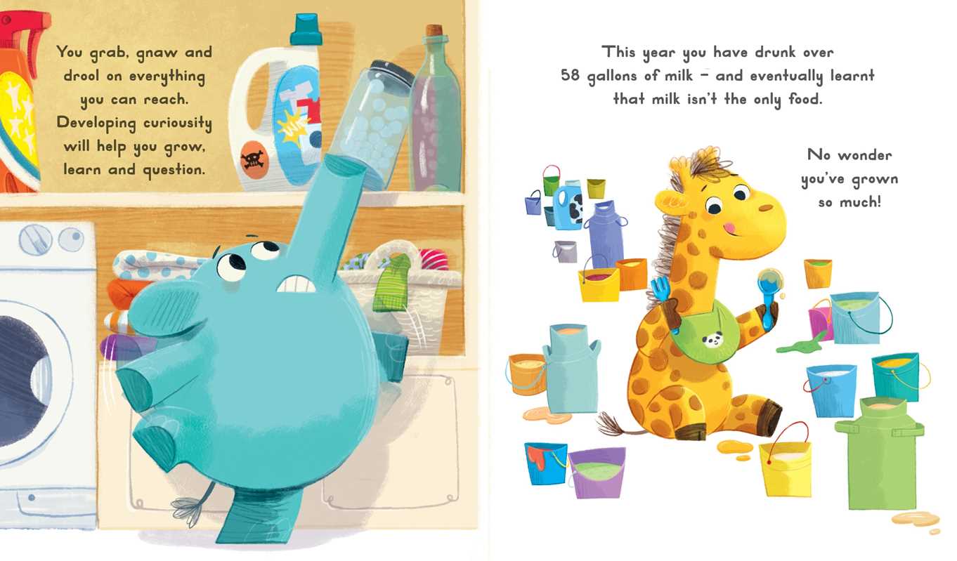 In the Now You Are 1 Book by Simon & Schuster, a blue baby elephant stretches for a bottle in a laundry room, while on the next page, a smiling yellow giraffe holds a green bucket amid colorful bottles and buckets—curiosity and milk are highlighted.