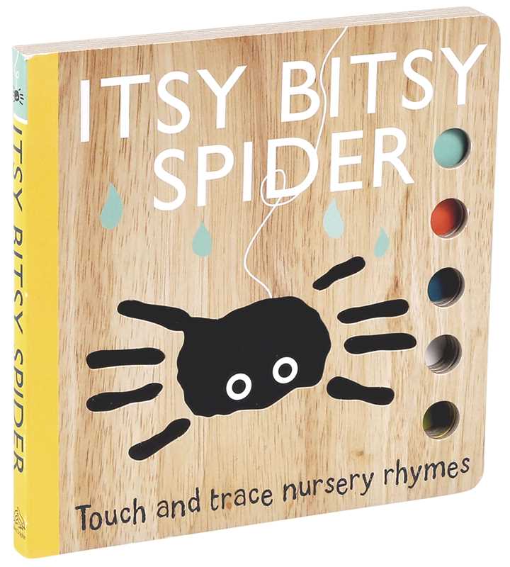 The Itsy Bitsy Spider Book by Simon & Schuster is a children’s board book featuring a cartoon spider, raindrops, and four colorful cut-out holes on a wooden-look background with the subtitle “Touch and trace nursery rhymes.”.
