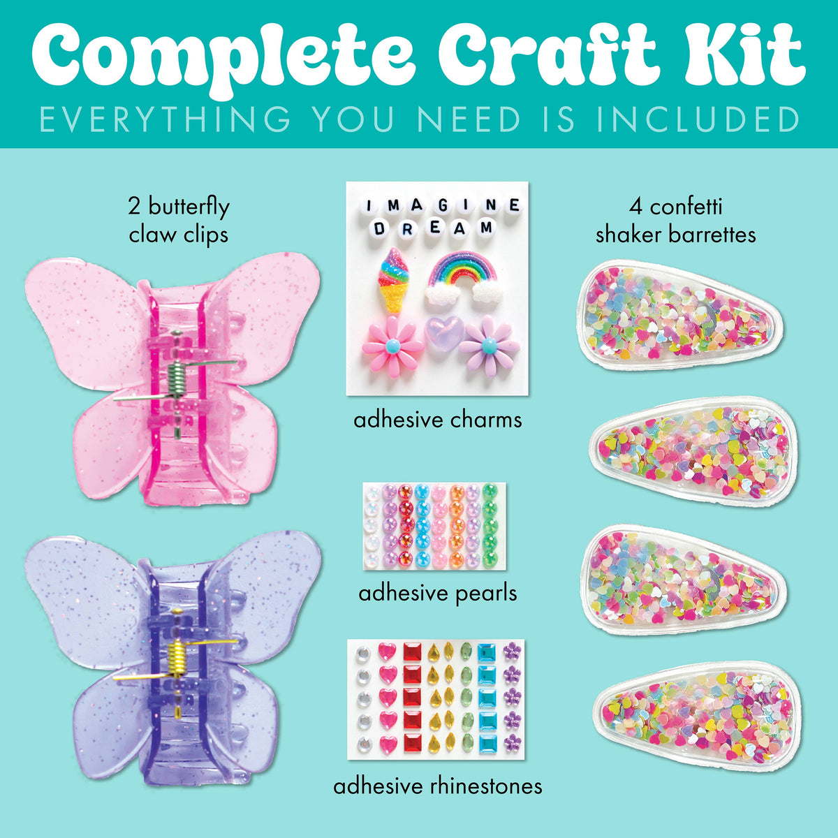 Introducing the Chic Boutique DIY Hair Clip Kit for Kids by Faber-Castell / Creativity for Kids: This all-in-one set comes with 2 butterfly claw clips, 4 confetti shaker barrettes, adhesive charms, colorful adhesive pearls, and sparkling rhinestones—everything girls ages 6-8 need to design their own stylish hair accessories.
