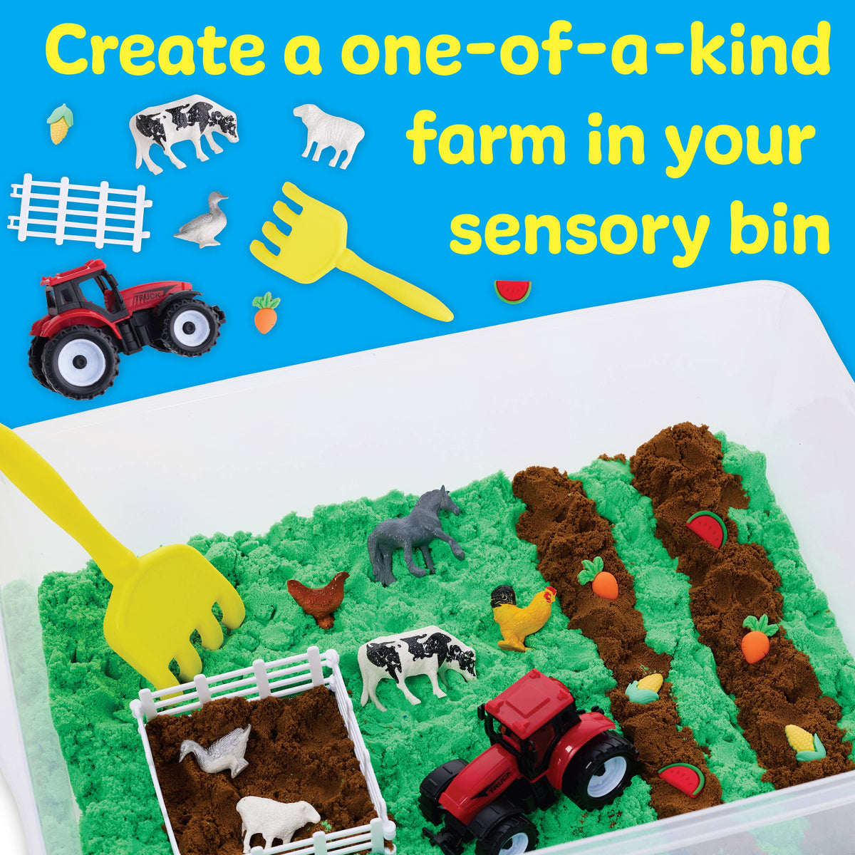Discover the Sensory Bin Farm Activity Kit for Kids by Faber-Castell / Creativity for Kids, featuring green and brown sensory sand, toy farm animals, a bright red tractor, yellow rake, white fence pieces, as well as carrots and watermelons. Inspire imaginative play and build fine-motor skills as you create your own unique farm sensory bin.