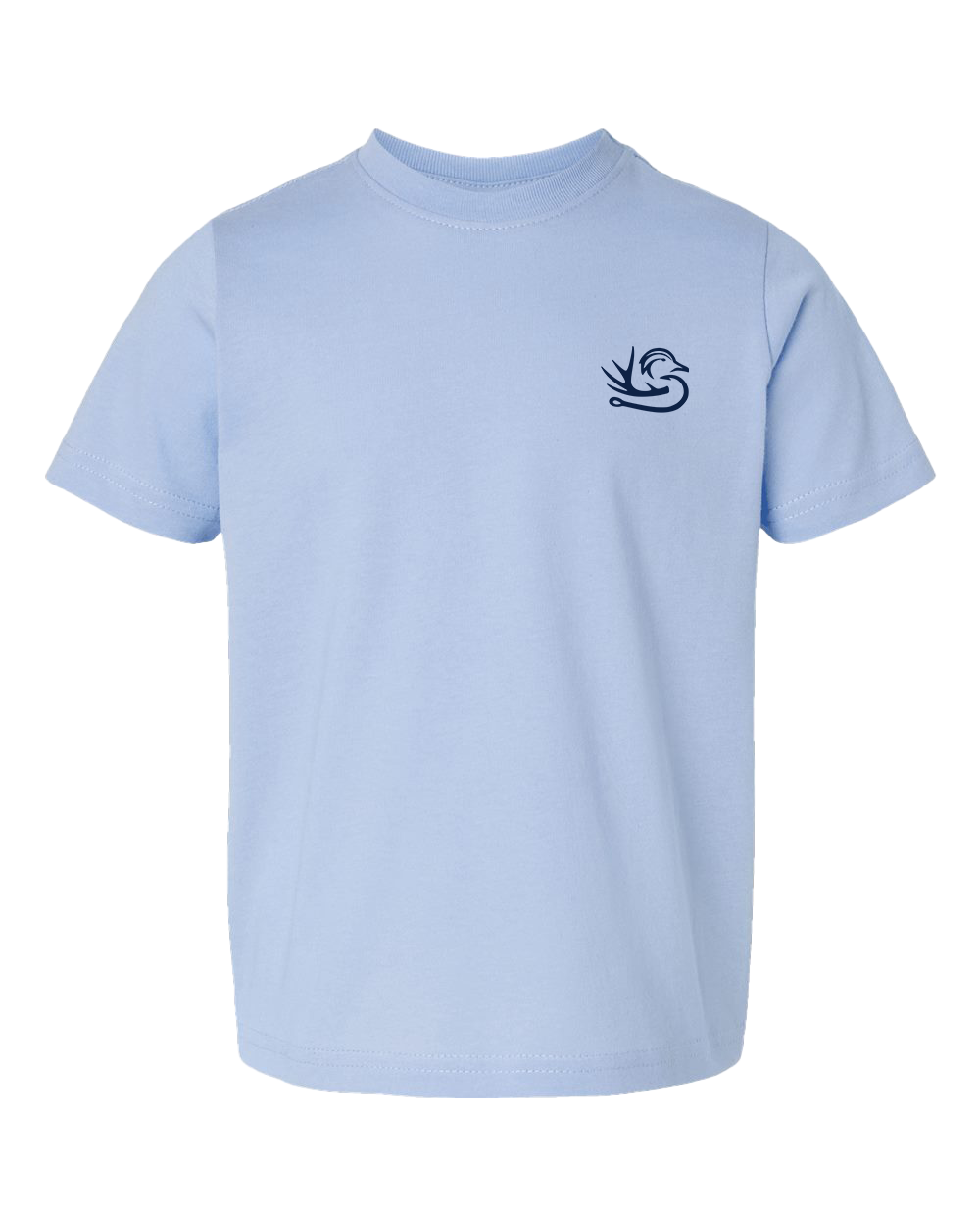 The Southern Down Outfitters American Bass Toddler Tee is a light blue short-sleeve shirt with a dark blue swan logo on the left chest, featuring a crew neck and plain design.