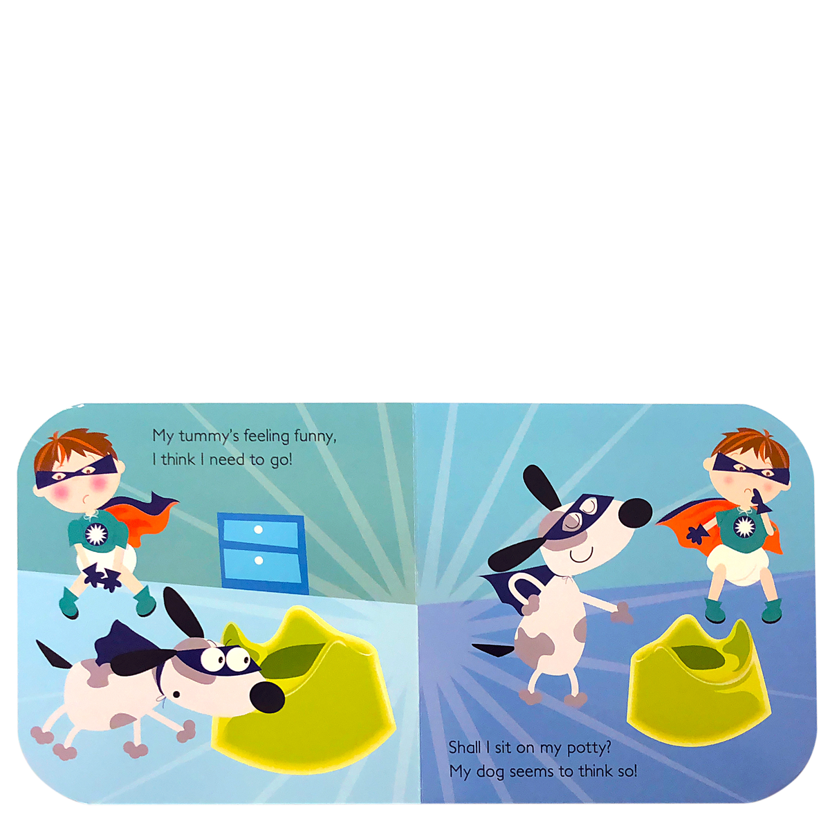A young boy and his dog, both dressed as superheroes in capes and masks, race toward a bright yellow potty. The text says: My tummy’s feeling funny, I think I need to go! Shall I sit on my potty? My dog seems to think so! This delightful moment from Cottage Door Press’s Potty Superhero Boy is ideal for families beginning their potty training adventure.