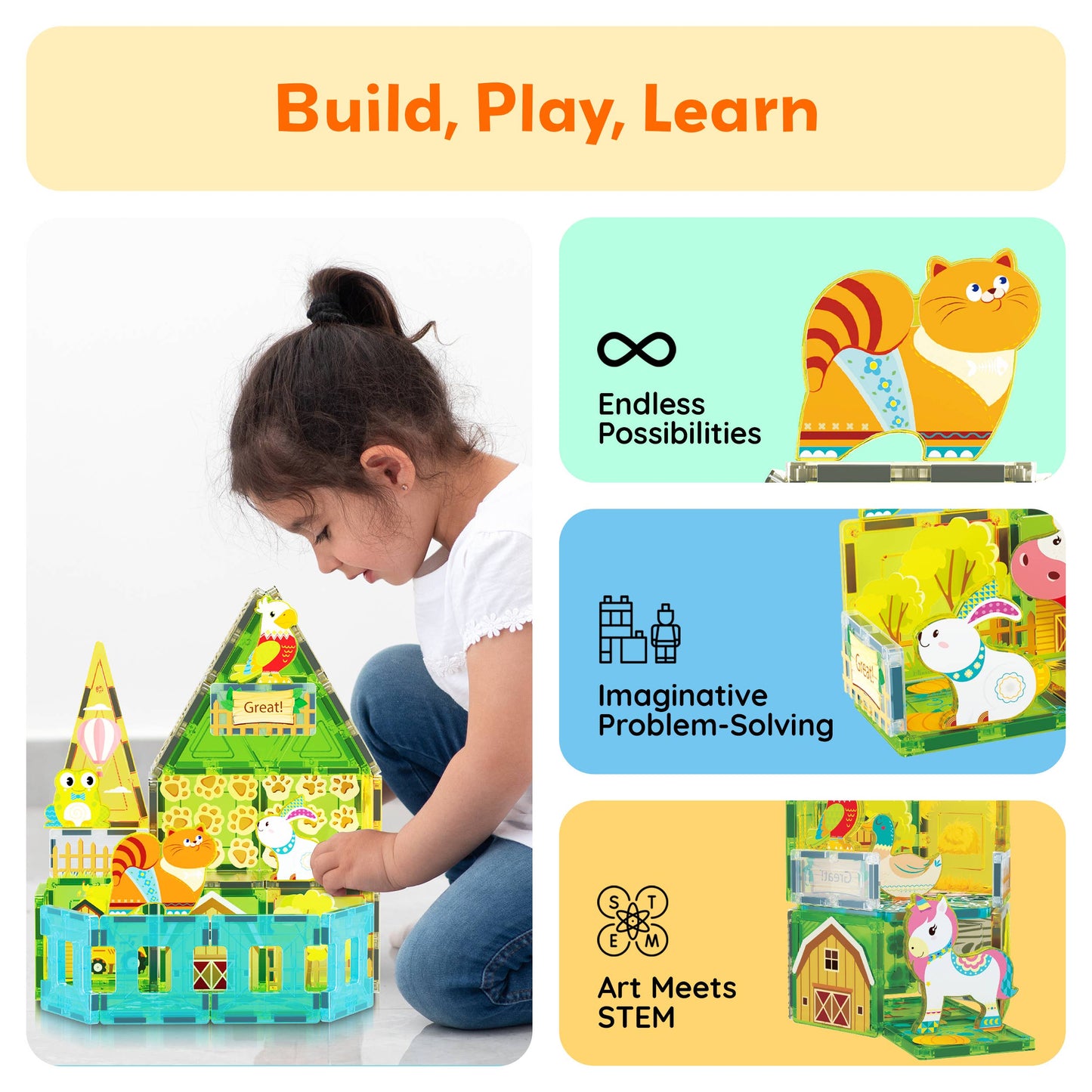A young girl plays with the PicassoTiles 26pc Magnetic Tile Farm Theme Toy Set by PicassoTiles, building a house. Nearby are a cat, animal cubes, and a unicorn, plus text: “Endless Possibilities,” “Imaginative Problem-Solving,” “Art Meets STEM.”.