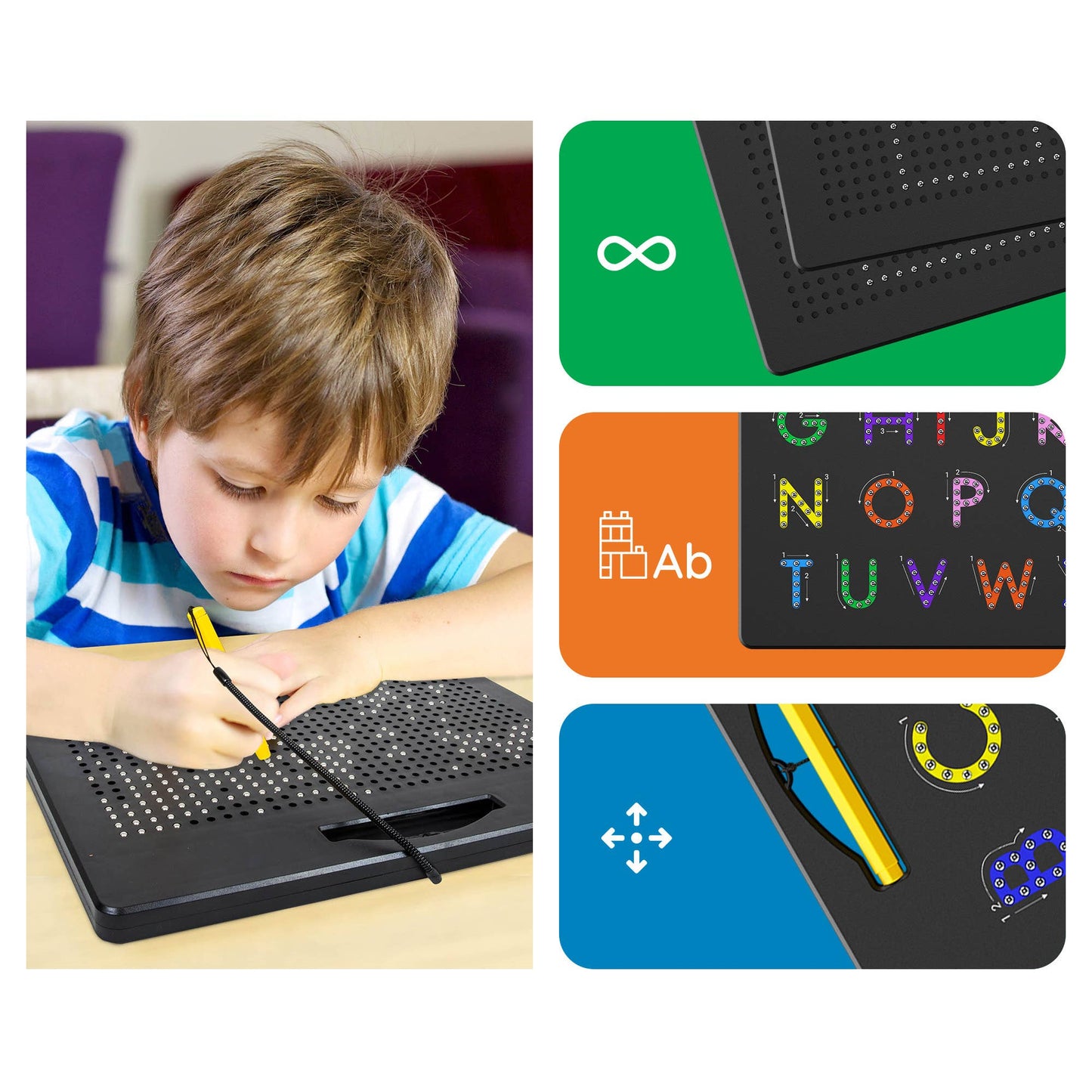 A young boy draws on the PicassoTiles Double-Sided Magnetic Drawing Tablet Pad using a magnetic stylus. Next to him are panels with icons of an infinity symbol, alphabet letters, and arrow keys for creative activities.