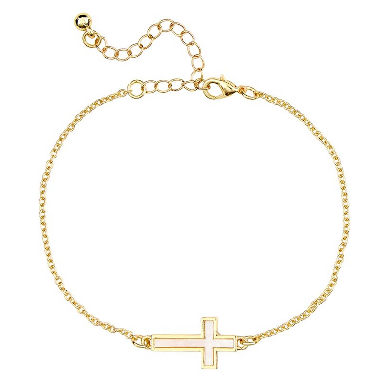 Introducing the Mother of Pearl Cross Filled Display by Faithworks by Creative Brands—a delicate gold chain bracelet with an adjustable clasp, featuring a horizontal gold cross with a luminous mother of pearl inlay at the center.