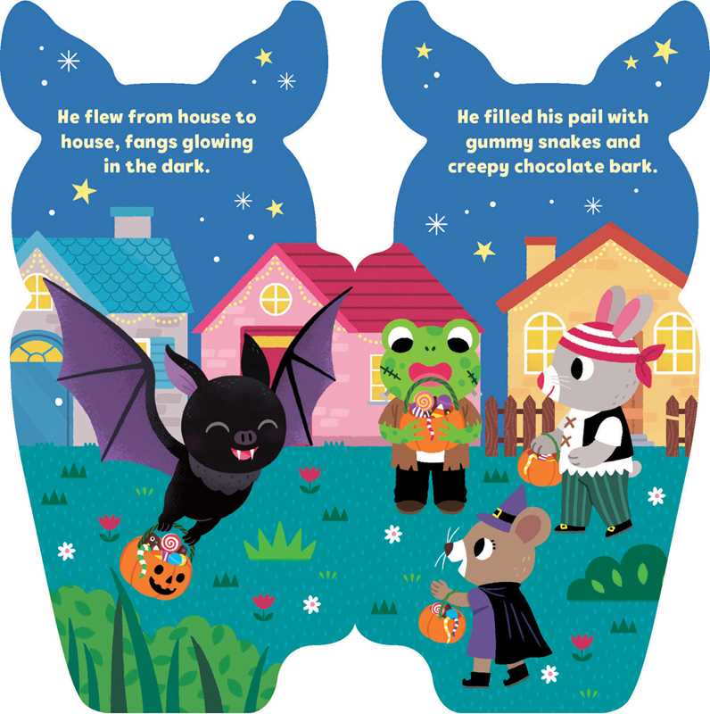 A scene inspired by the “Little Bat by Maggie Fischer” book from Simon & Schuster features a bat with a pumpkin basket flying past three costumed animals holding candy pails, standing before vibrant houses under a starry night sky.