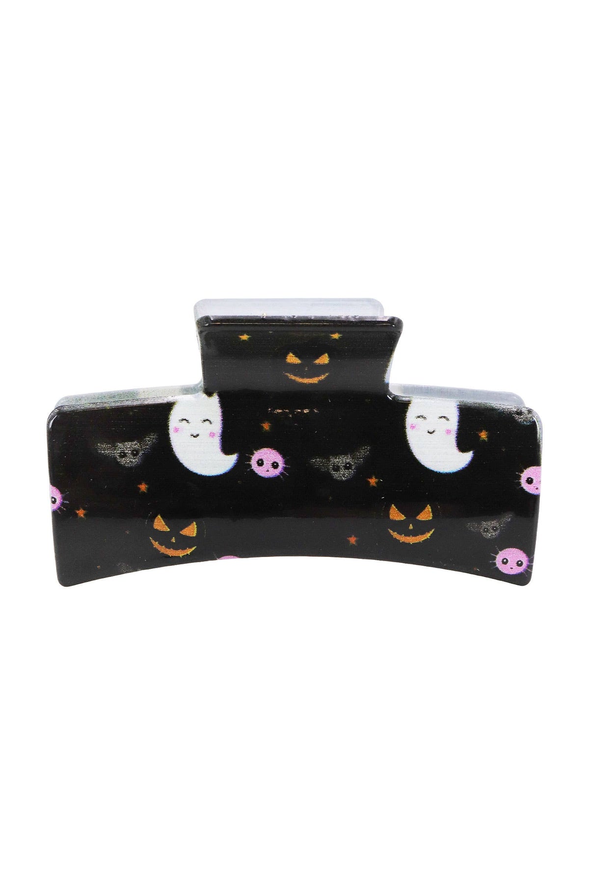 Halloween Hair Claw, a black rectangular hair claw clip patterned with ghosts, jack-o-lanterns, and small pink creatures.
