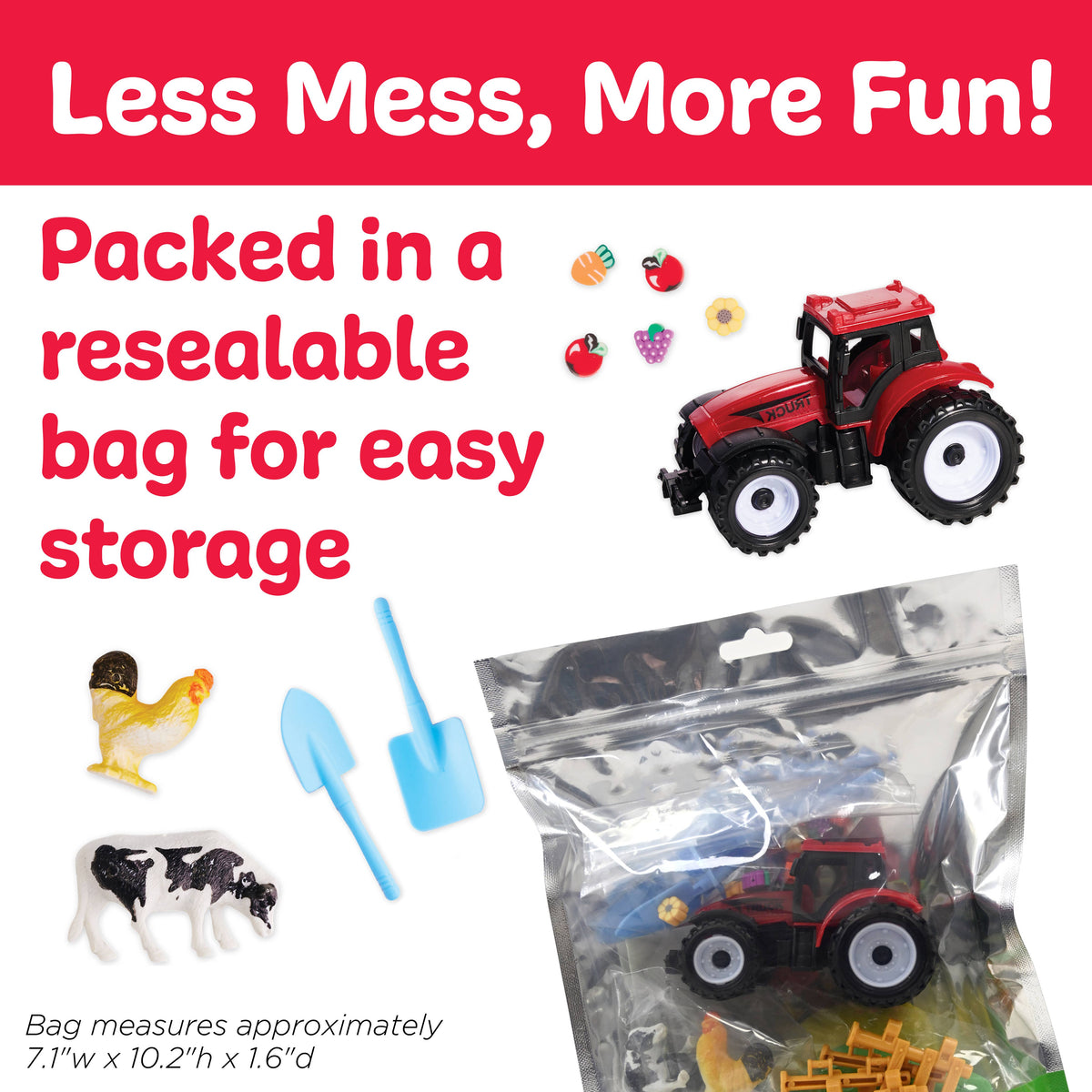 Sensory Pack Farm On the Go Sensory Play Set for Kids by Faber-Castell / Creativity for Kids includes a red toy tractor, small farm animal figures, and tools, all displayed on a white background. Beneath, the same toys are shown stored inside a clear resealable bag. Text reads: Less Mess, More Fun! Packed in a resealable bag for easy storage.