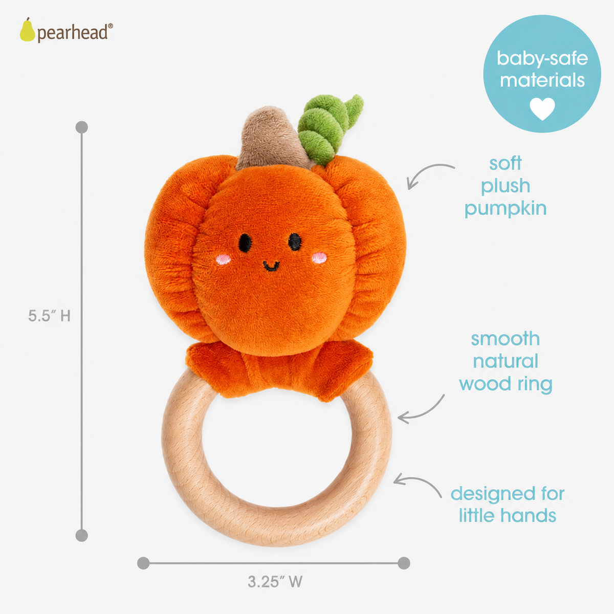 Pearhead Pumpkin Baby Wooden Teether Toy featuring a plush pumpkin attached to a wooden teether, measuring 5.5 inches high and 3.25 inches wide.