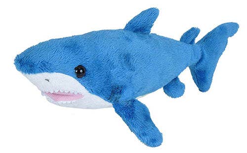 The Wild Republic Sea Critters Mako Shark Stuffed Animal is a blue plush toy with a white belly, black eyes, and a friendly expression, crafted from soft fabric and detailed fins.