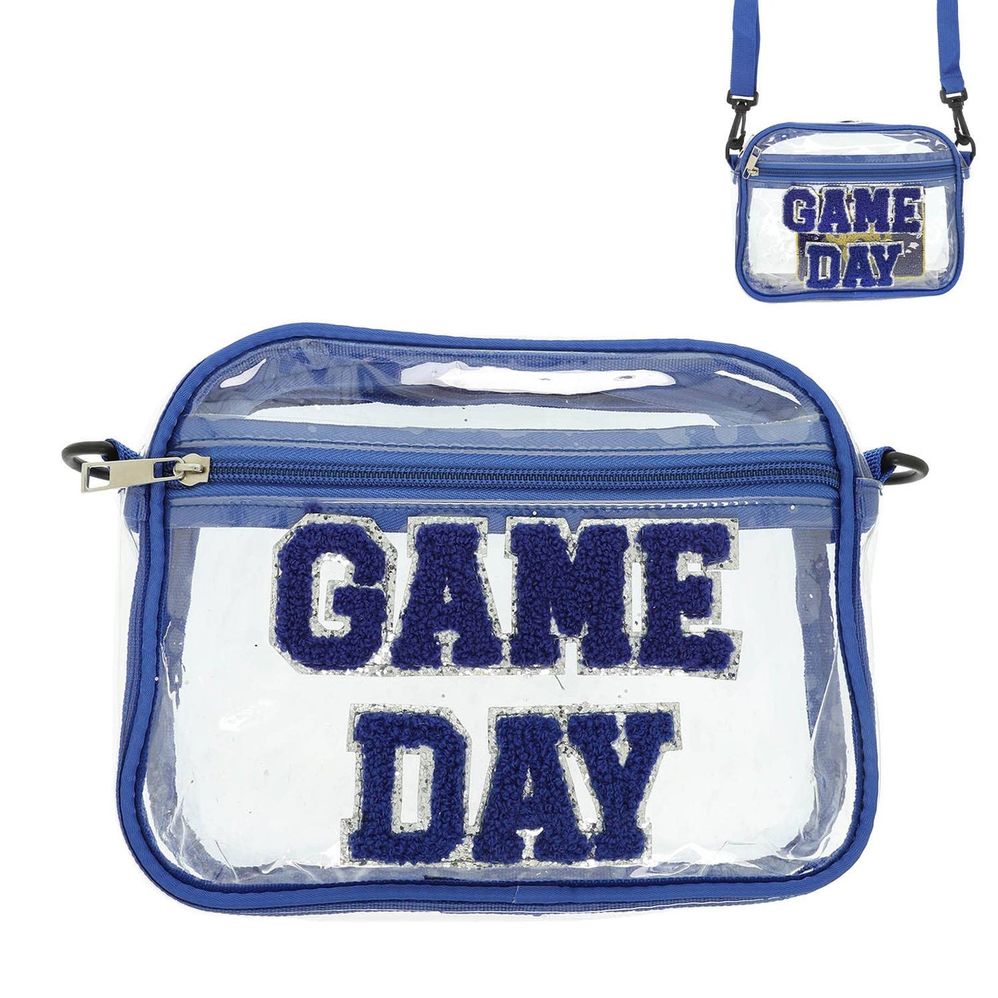 The SP Sophia Collection “Game Day” Clear Bag features blue trim and a zipper, with bold blue and white patch letters spelling GAME DAY on the front; includes a detachable strap.