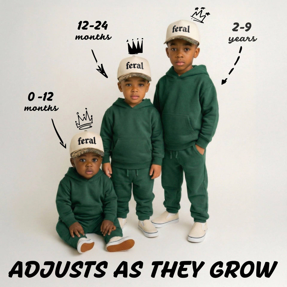 Three children wearing matching green sweatsuits and cream-colored Feral 2-Tone Hats, with text indicating sizes for 0-12 months, 12-24 months, and 2-9 years.