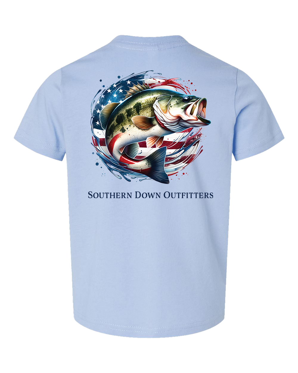 The American Bass Toddler Tee by Southern Down Outfitters features a large bass leaping over an American flag, with SOUTHERN DOWN OUTFITTERS printed below the graphic.