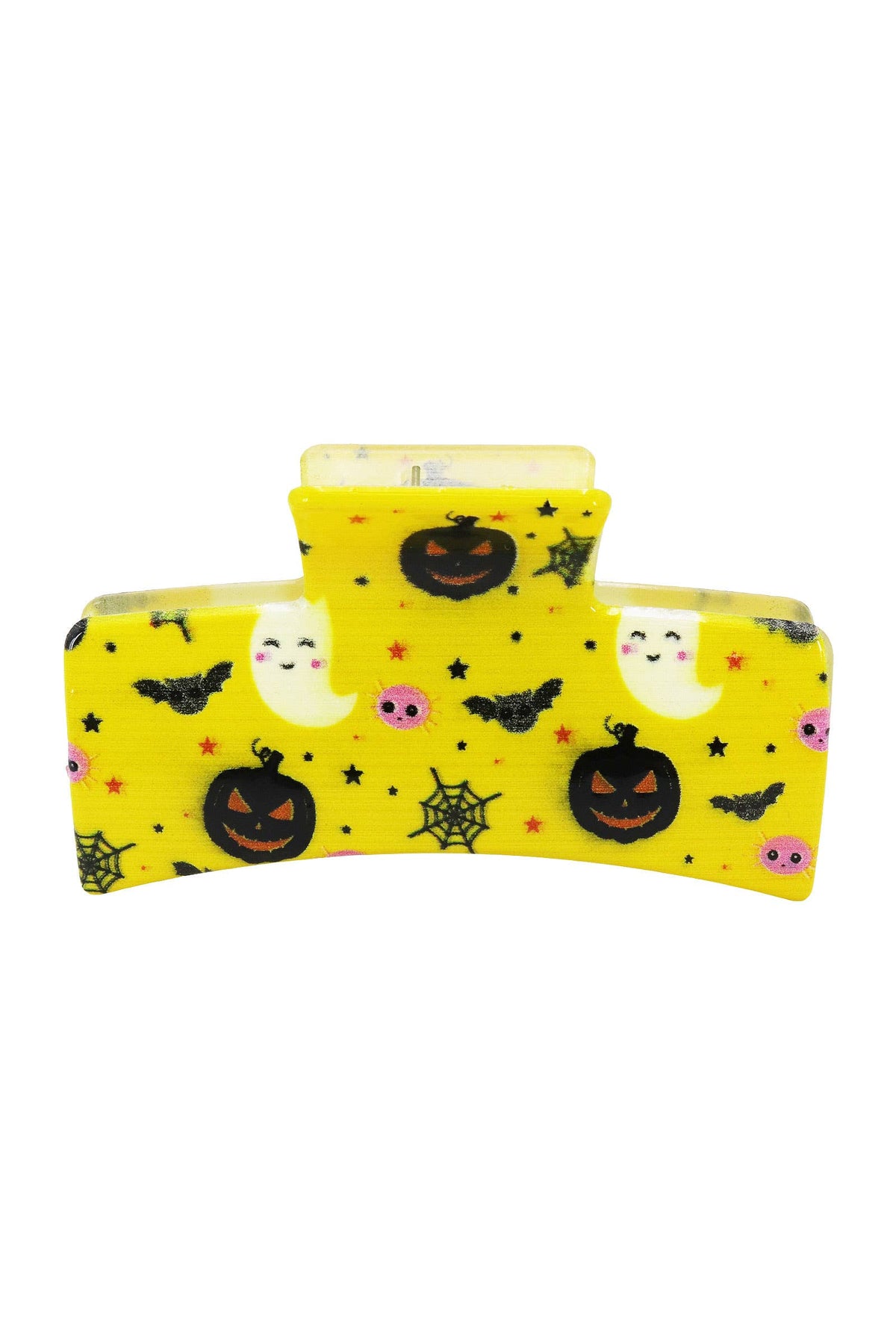 Yellow Halloween Hair Claw patterned with ghosts, jack-o-lanterns, bats, spiders, and spiderwebs.