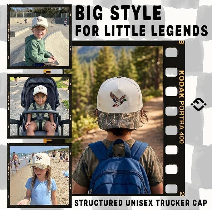 Collage of children wearing the Funky Junque Mallard Duck Vintage Hat, featuring the text Big style for little legends and Structured unisex trucker cap.