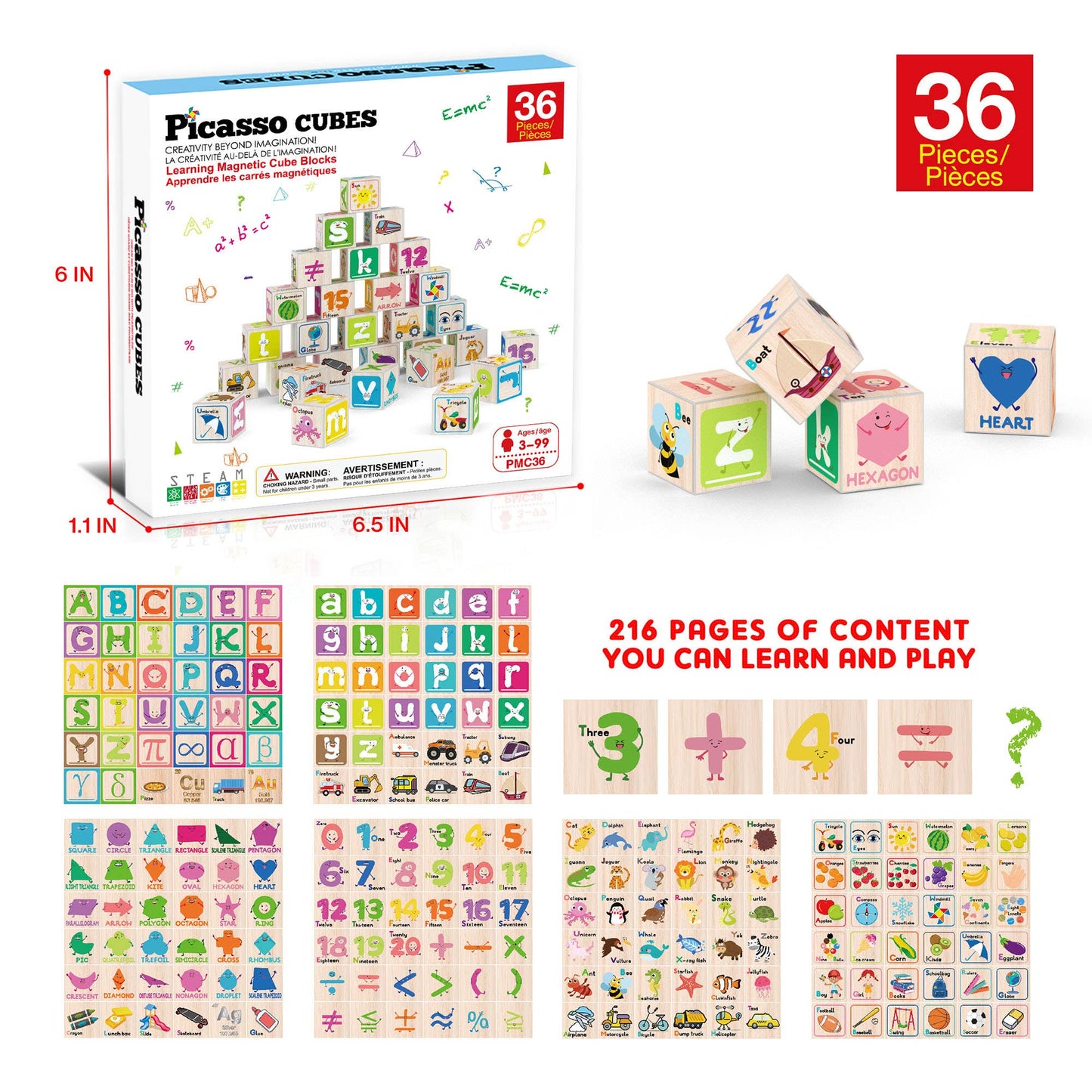 The PicassoTiles 36pc 1" Magnetic Cubes Set by PicassoTiles includes 36 magnetic cubes with letters, numbers, and illustrations plus colorful educational graphics. Box size: 6x6x1.1 inches.