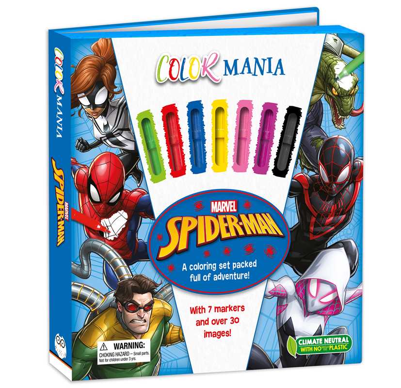 The Simon & Schuster Marvel Spider-Man Activity Book features Spider-Man, Spider-Gwen, Miles Morales, 7 markers on the cover, and promotes over 30 images to color.