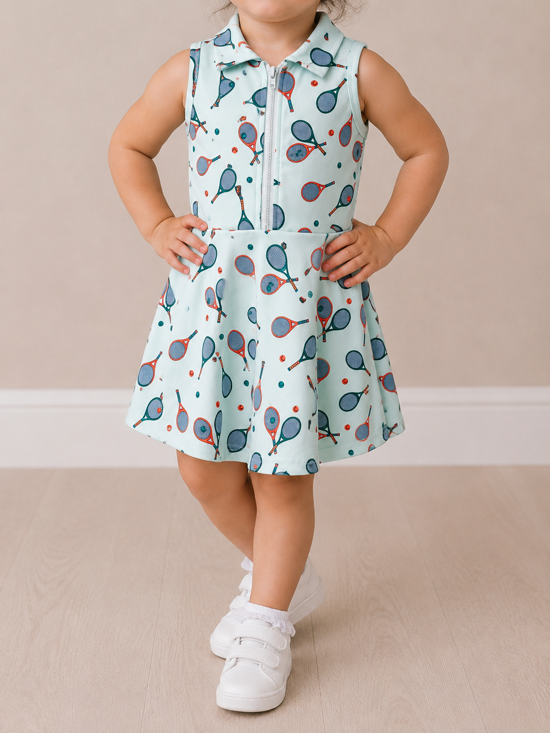 A young child stands with hands on hips, wearing the Tiny Tot Bundles Green Quarter Zip Tennis Dress and white sneakers, against a beige background.