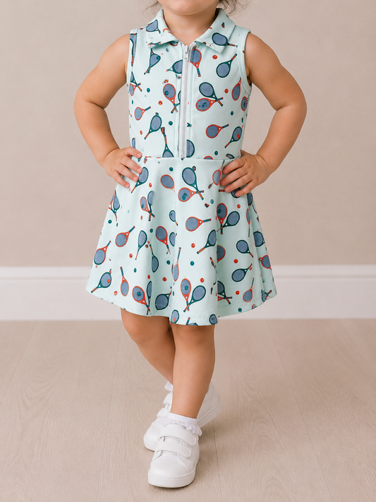 A young child stands with hands on hips, wearing the Tiny Tot Bundles Green Quarter Zip Tennis Dress and white sneakers, against a beige background.