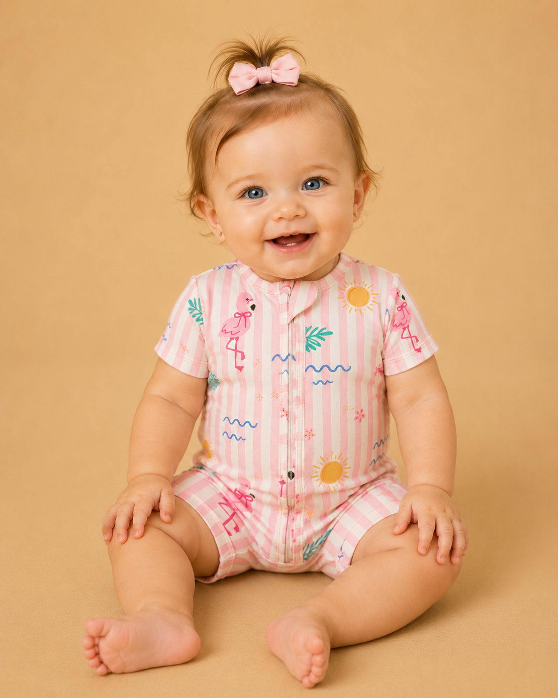 A smiling baby with light brown hair and blue eyes sits on a tan background, wearing Tiny Tot Bundles' Pink Paradise Short Zippy—an adorable pink-and-white striped romper featuring flamingos, suns, and waves.