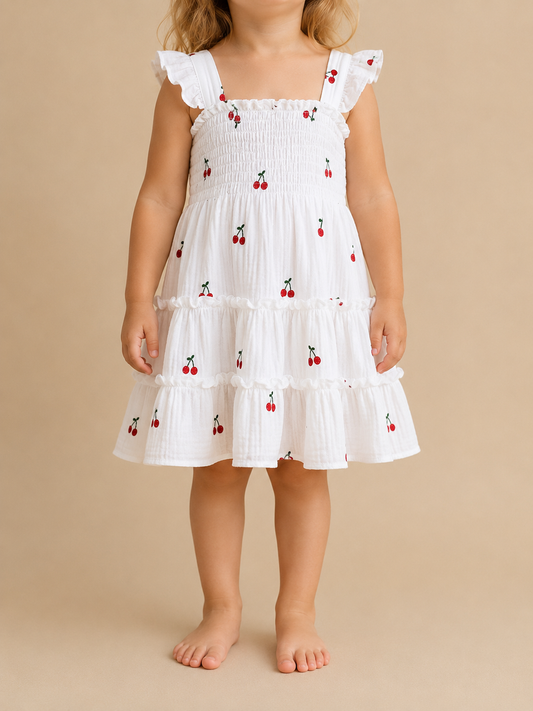 A young child wears the Cherry Picnic Ruffle Dress by Tiny Tot Bundles—a sleeveless white dress with ruffled straps, red cherry prints, smocked bodice, and tiered skirt—standing barefoot on a beige background.